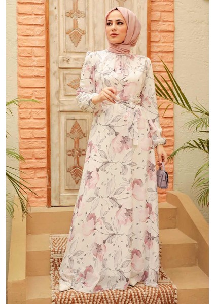 - Çiçek Desenli Ekru Tesettür Elbise 279017E