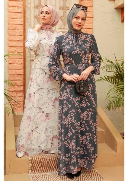 - Çiçek Desenli Ekru Tesettür Elbise 279017E modelleri