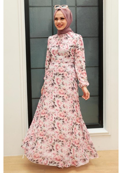 - Çiçek Desenli Pembe Tesettür Elbise 279072P