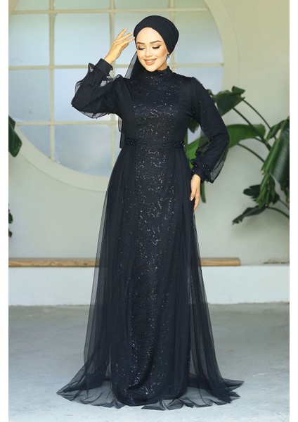 Tesettürlü Abiye Elbise - Pul Payet Işlemeli Siyah Tesettür Abiye Elbise 5632S