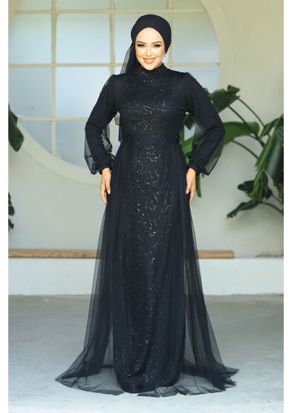 Tesettürlü Abiye Elbise - Pul Payet Işlemeli Siyah Tesettür Abiye Elbise 5632S fiyatları