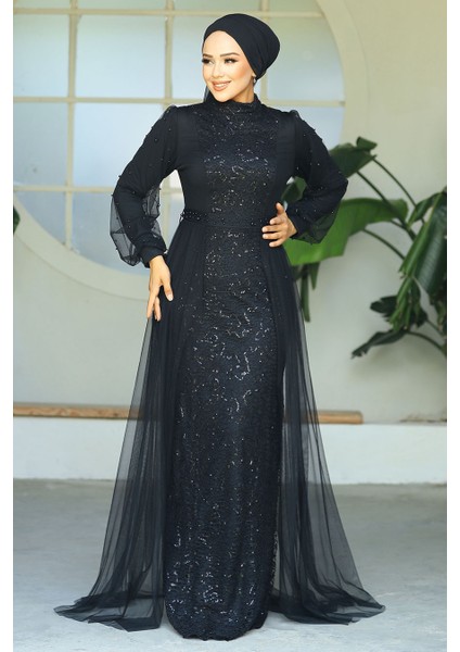 Tesettürlü Abiye Elbise - Pul Payet Işlemeli Siyah Tesettür Abiye Elbise 5632S modelleri