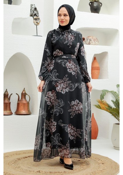 - Çiçek Desenli Siyah Tesettür Elbise 279013S