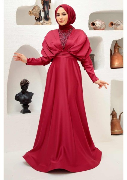 Tesettürlü Abiye Elbise - Boncuk Işlemeli Bordo Tesettür Abiye Elbise 22451BR