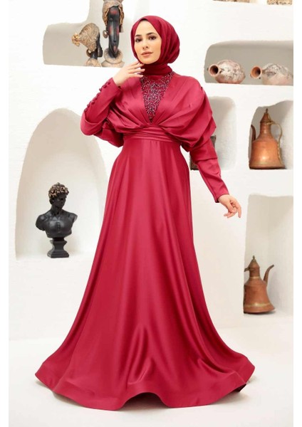 Tesettürlü Abiye Elbise - Boncuk Işlemeli Bordo Tesettür Abiye Elbise 22451BR fiyatları