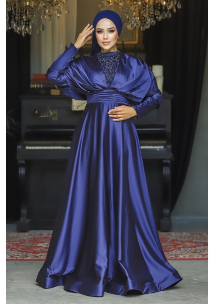 Tesettürlü Abiye Elbise - Boncuk Işlemeli Lacivert Tesettür Abiye Elbise 22451L