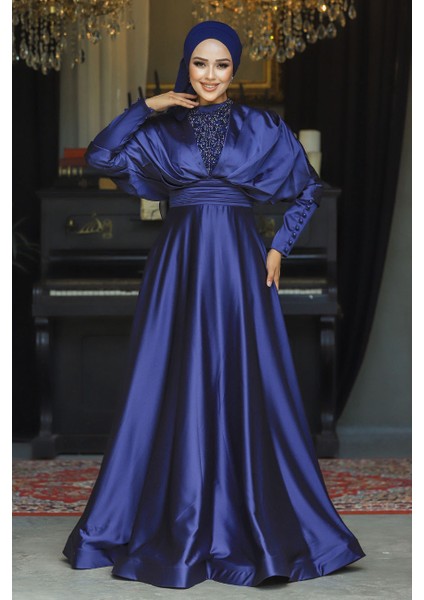 Tesettürlü Abiye Elbise - Boncuk Işlemeli Lacivert Tesettür Abiye Elbise 22451L fiyatları