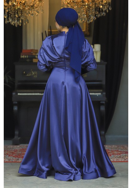 Tesettürlü Abiye Elbise - Boncuk Işlemeli Lacivert Tesettür Abiye Elbise 22451L modelleri