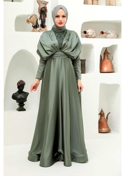 Tesettürlü Abiye Elbise - Boncuk Işlemeli Haki Tesettür Abiye Elbise 22451HK