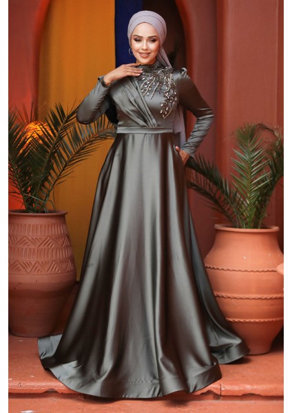 Tesettürlü Abiye Elbise - Boncuk Işlemeli Haki Tesettür Abiye Elbise 22441HK fiyatları