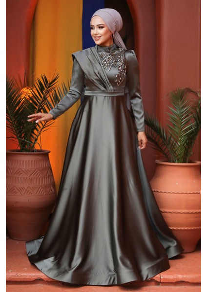 Tesettürlü Abiye Elbise - Boncuk Işlemeli Haki Tesettür Abiye Elbise 22441HK modelleri