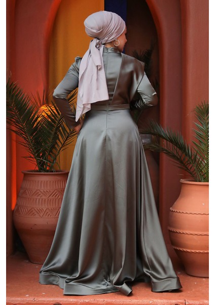 Tesettürlü Abiye Elbise - Boncuk Işlemeli Haki Tesettür Abiye Elbise 22441HK fırsatları