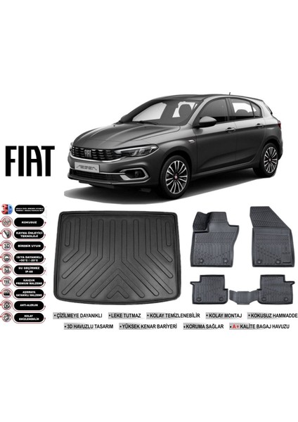 Fiat Egea Hatchback 2021 Model Tamir Kitli Bagaj Havuzu Araca Özel Siyah Extra Havuzlu Paspas Takımı