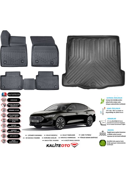 Ford Focus 5 Sedan 2024 Model Ince Stepneli Esnek Bagaj Havuzu Araca Özel Siyah Paspas Takımı