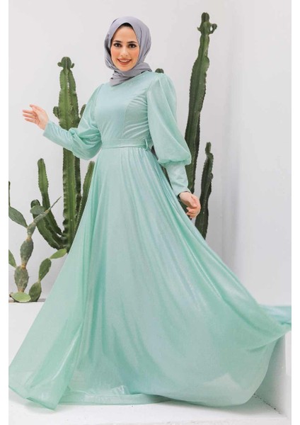 Tesettürlü Abiye Elbise - Balon Kol Mint Tesettürlü Abiye Elbise 56721MINT
