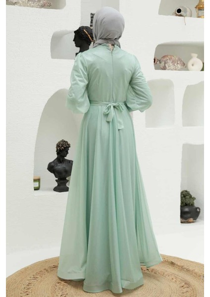 Tesettürlü Abiye Elbise - Balon Kol Mint Tesettürlü Abiye Elbise 56721MINT fiyatları