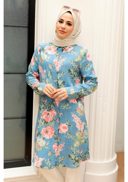 - Desenli Mavi Tesettür Tunik 11541M