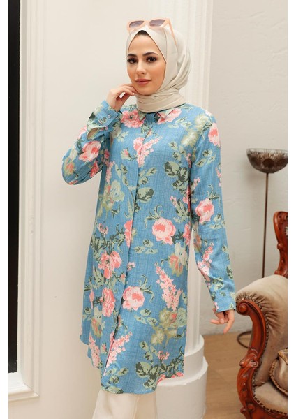 - Desenli Mavi Tesettür Tunik 11541M modelleri
