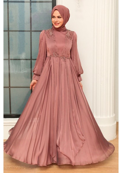 Balon Kol Vizon Tesettür Abiye Elbise 21910V