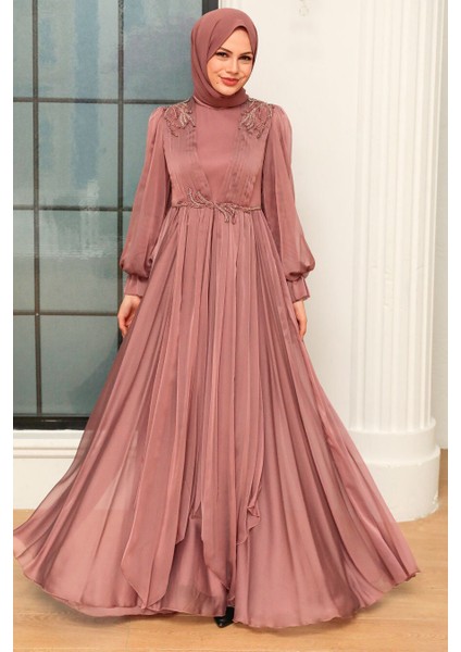 Balon Kol Vizon Tesettür Abiye Elbise 21910V fiyatları