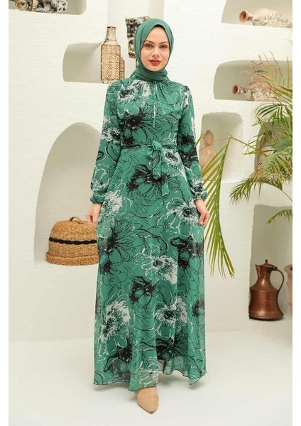 - Çiçek Desenli Çağla Yeşili Tesettür Elbise 279070CY