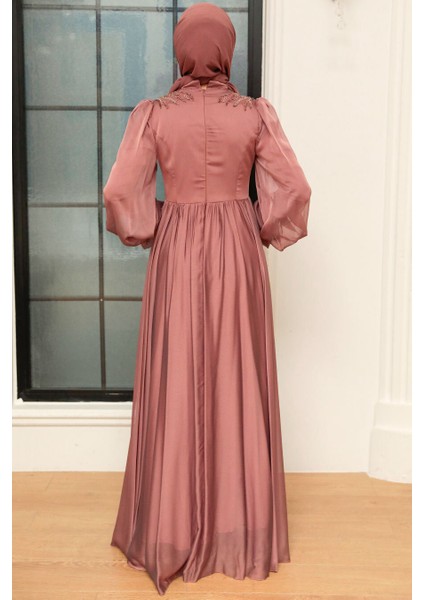 Balon Kol Vizon Tesettür Abiye Elbise 21910V modelleri