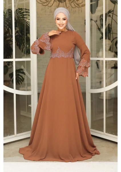 Boncuk İşlemeli Taba Tesettür Abiye Elbise 9181TB