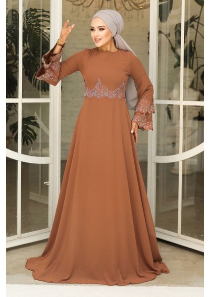 Boncuk İşlemeli Taba Tesettür Abiye Elbise 9181TB fiyatları