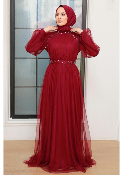 Tesettürlü Abiye Elbise - Inci Detaylı Bordo Tesettür Abiye Elbise 22041br