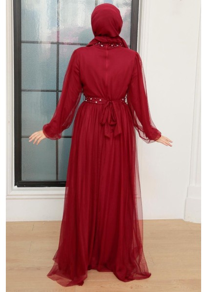 Tesettürlü Abiye Elbise - Inci Detaylı Bordo Tesettür Abiye Elbise 22041br fiyatları