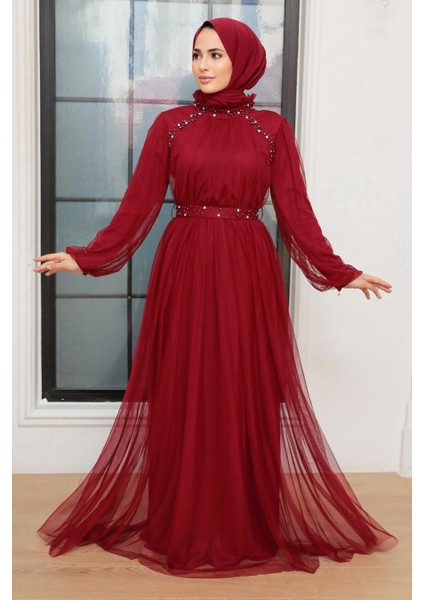 Tesettürlü Abiye Elbise - Inci Detaylı Bordo Tesettür Abiye Elbise 22041br modelleri