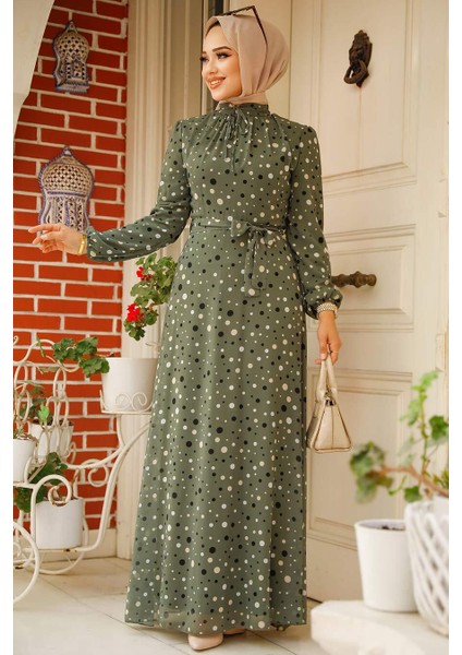 - Puantiye Desenli Haki Tesettür Elbise 279065HK