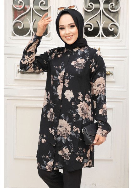 - Desenli Siyah Tesettür Tunik 11550S