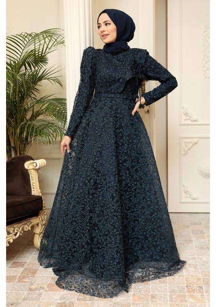 Dantelli Lacivert Tesettür Abiye Elbise 22421L