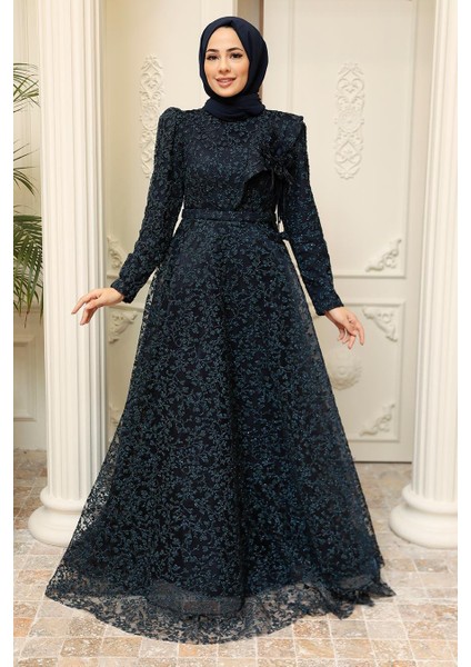 Dantelli Lacivert Tesettür Abiye Elbise 22421L fiyatları