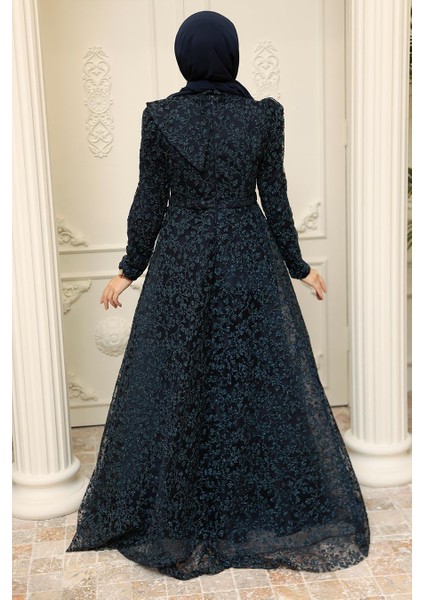 Dantelli Lacivert Tesettür Abiye Elbise 22421L modelleri