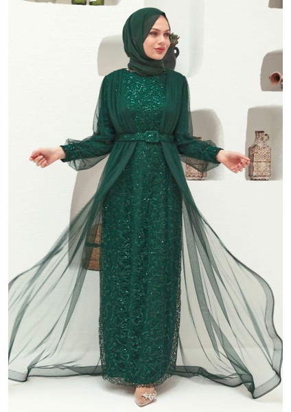 Tesettürlü Abiye Elbise - Pul Payet Işlemeli Yeşil Tesettür Abiye Elbise 56291Y