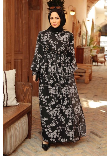 Çiçek Desenli Siyah Tesettür Elbise 56833S