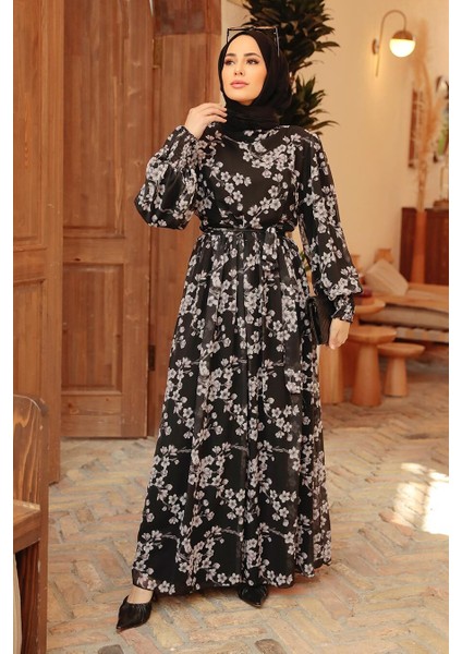 Çiçek Desenli Siyah Tesettür Elbise 56833S fiyatları