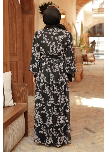 Çiçek Desenli Siyah Tesettür Elbise 56833S modelleri