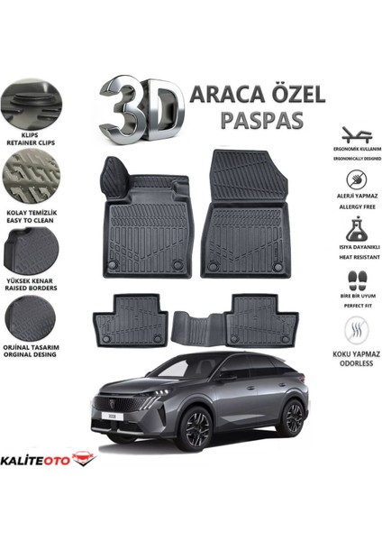 Peugeot 3008 2021 Model Tam Uyumlu Kokusuz 3D Havuzlu Paspas