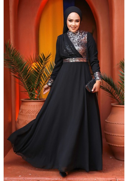 Tesettürlü Abiye Elbise - Pul Payet Işlemeli Gümüş Tesettür Abiye Elbise 5793GMS