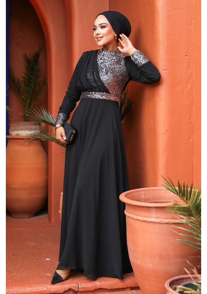 Tesettürlü Abiye Elbise - Pul Payet Işlemeli Gümüş Tesettür Abiye Elbise 5793GMS fiyatları