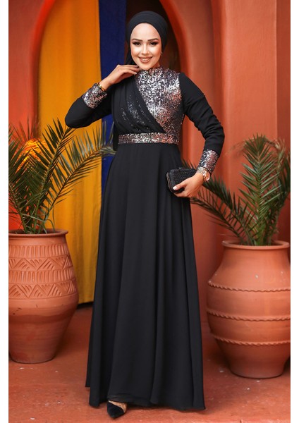 Tesettürlü Abiye Elbise - Pul Payet Işlemeli Gümüş Tesettür Abiye Elbise 5793GMS modelleri