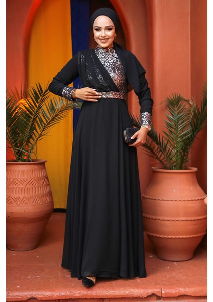 Tesettürlü Abiye Elbise - Pul Payet Işlemeli Gümüş Tesettür Abiye Elbise 5793GMS fırsatları