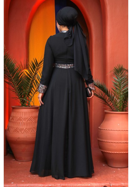 Tesettürlü Abiye Elbise - Pul Payet Işlemeli Gümüş Tesettür Abiye Elbise 5793GMS indirimleri