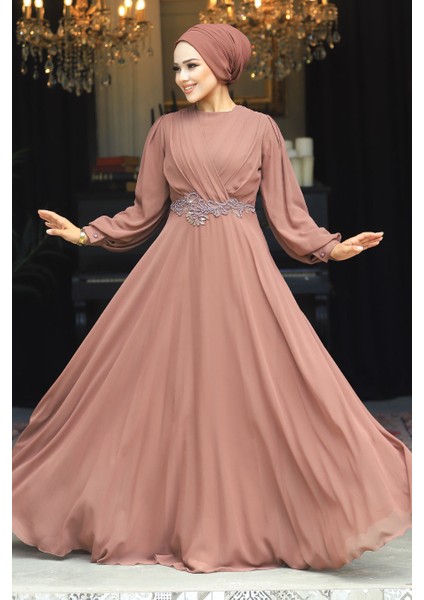 Dantel Detaylı Kahverengi Tesettür Abiye Elbise 3435KH