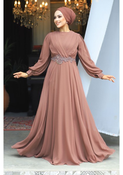 Dantel Detaylı Kahverengi Tesettür Abiye Elbise 3435KH fiyatları