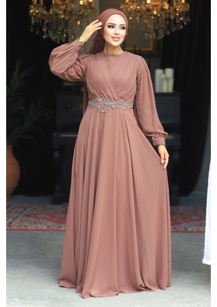 Dantel Detaylı Kahverengi Tesettür Abiye Elbise 3435KH modelleri