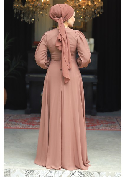 Dantel Detaylı Kahverengi Tesettür Abiye Elbise 3435KH fırsatları